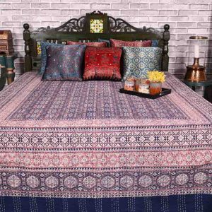 Blue Beige Ajrakh Kantha Bed Cover- 2