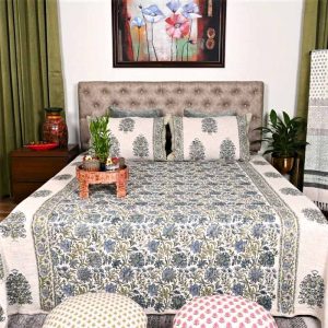Blue Corsages Block Print Handloom Bed Cover Set- 1