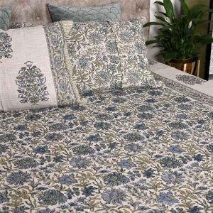 Blue Corsages Block Print Handloom Bed Cover Set- 3