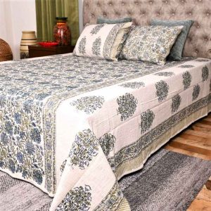 Blue Corsages Block Print Handloom Bed Cover Set- 4