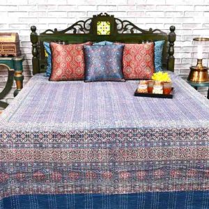 Blue White Ajrakh Kantha Bed Cover- 14