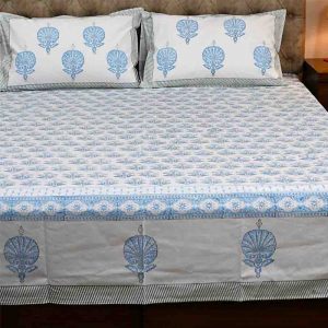 Icy Blue Percale Cotton Hand Block Print Bedsheet-5