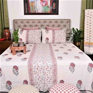 Mahogany Floral Block Print Handloom Bed Cover Set- 1