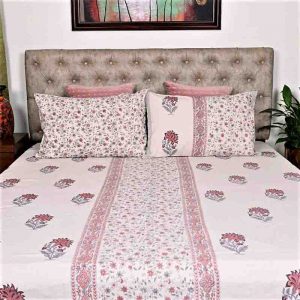 Mahogany Floral Block Print Handloom Bed Cover Set- 2