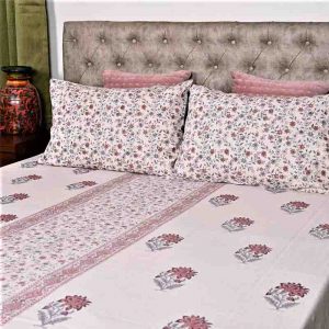Mahogany Floral Block Print Handloom Bed Cover Set- 3