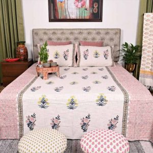 Peach Corsages Block Print Handloom Bed Cover Set- 1