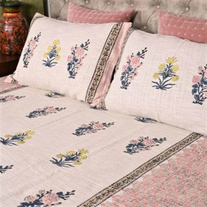 Peach Corsages Block Print Handloom Bed Cover Set- 2