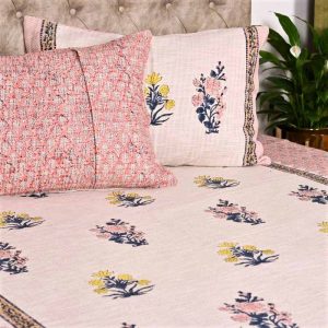 Peach Corsages Block Print Handloom Bed Cover Set- 3