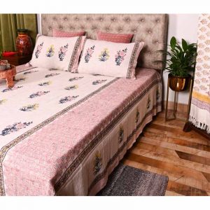 Peach Corsages Block Print Handloom Bed Cover Set- 4