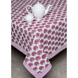 Pink Blossom Block Print Cotton Table Cover- 5