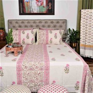 Pink Floral Block Print Handloom Bed Cover Set- 5