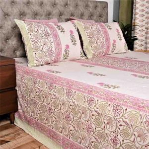 Pink Floral Block Print Handloom Bed Cover Set- 8