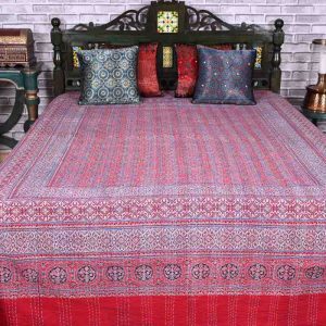 Red Paisley Ajrakh Kantha Bed Cover- 27