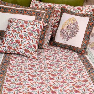 Tangerine Tree Glace Cotton Hand Block Print Bedsheet-4